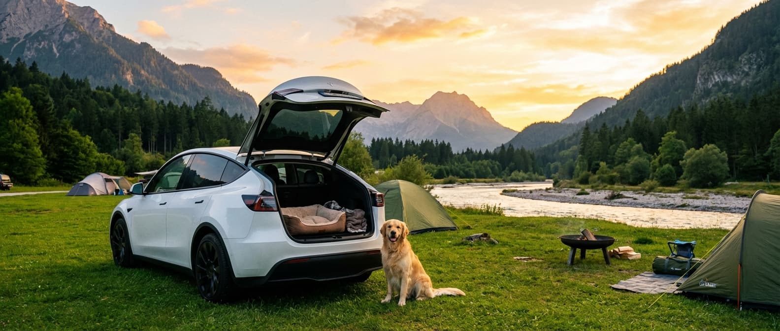 E-Auto Camping mit Hund: Tesla Dog Mode & Routen-Tipps